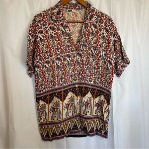 PAPILLON Women’s Vintage Red Gold Elephant Button Down Short Sleeve Size Medium